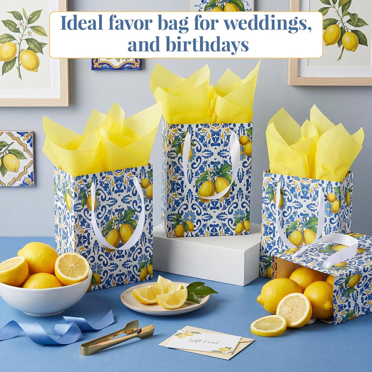 12 Pcs Blue Capri Lemon Gift Bags with Handles Amalfi Coast Elegant Wedding Gift Bag for Guests Mediterranean Paper Treat Bag Party Favor Bags for Bridal Shower Birthday Tea Party