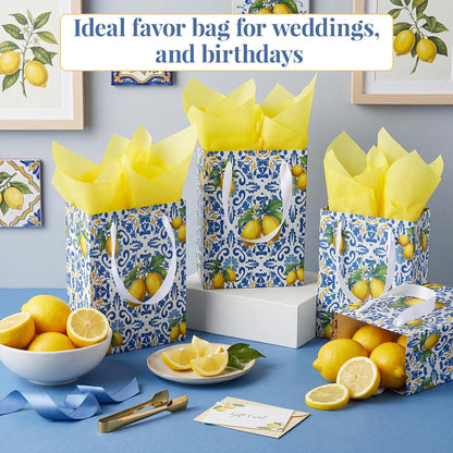 12 Pcs Blue Capri Lemon Gift Bags with Handles Amalfi Coast Elegant Wedding Gift Bag for Guests Mediterranean Paper Treat Bag Party Favor Bags for Bridal Shower Birthday Tea Party