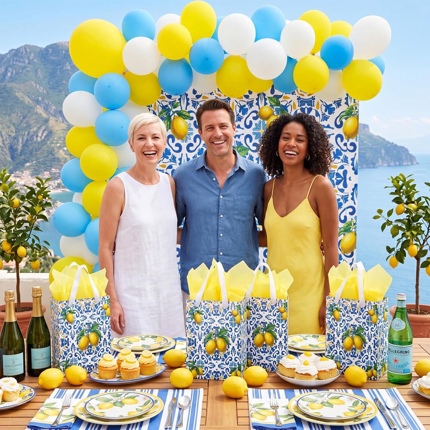 12 Pcs Blue Capri Lemon Gift Bags with Handles Amalfi Coast Elegant Wedding Gift Bag for Guests Mediterranean Paper Treat Bag Party Favor Bags for Bridal Shower Birthday Tea Party
