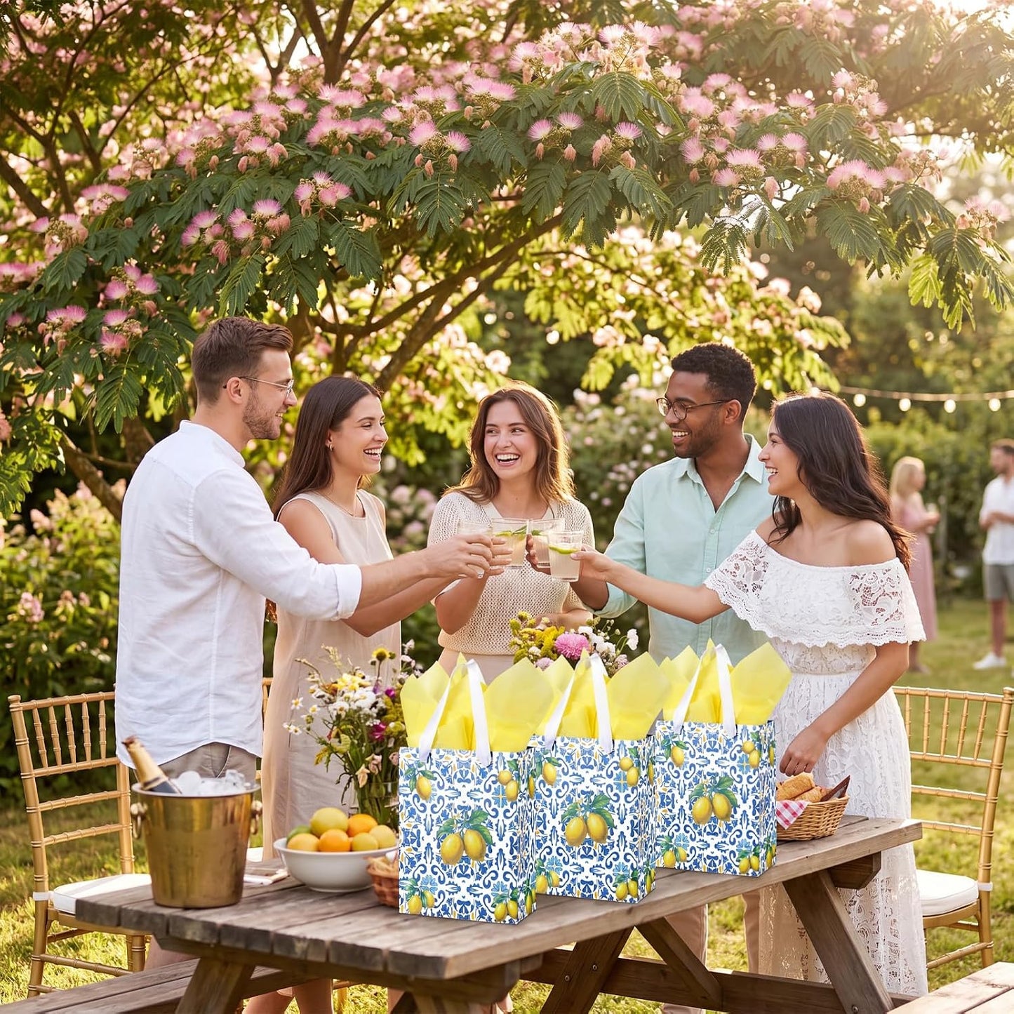 12 Pcs Blue Capri Lemon Gift Bags with Handles Amalfi Coast Elegant Wedding Gift Bag for Guests Mediterranean Paper Treat Bag Party Favor Bags for Bridal Shower Birthday Tea Party
