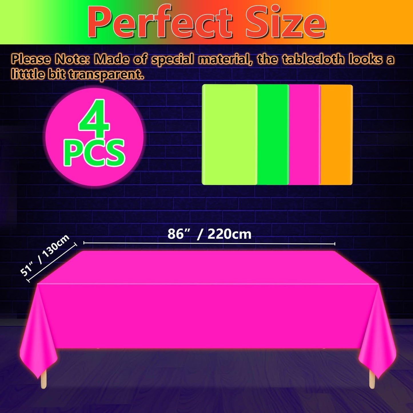 4 Pcs Glow in The Dark Table Cloths, Neon Tablecloths for Parties Neon Birthday Party Decorations, 51 X 86 Inches