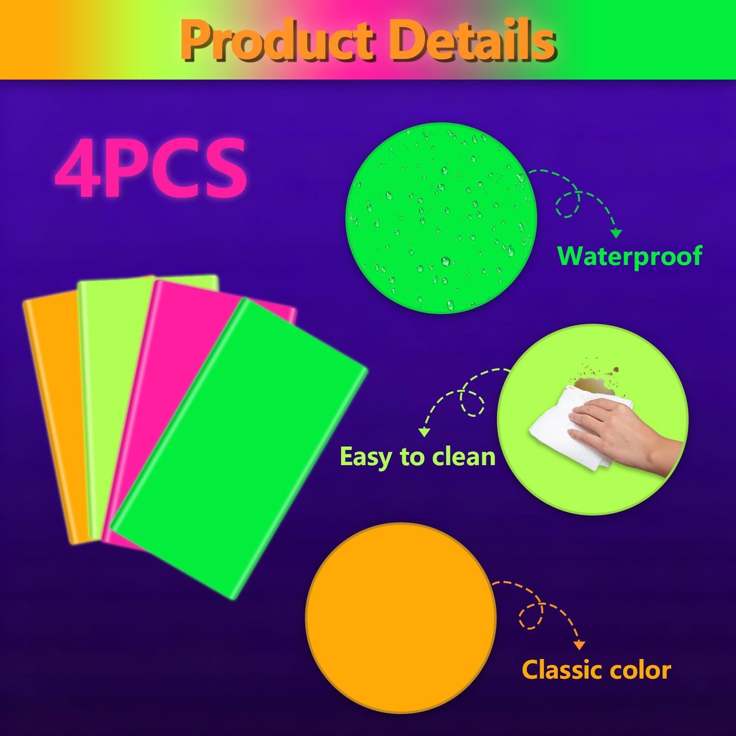 4 Pcs Glow in The Dark Table Cloths, Neon Tablecloths for Parties Neon Birthday Party Decorations, 51 X 86 Inches