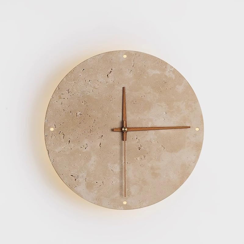 Nordic Modern Round Marble Wall Sconce - Mid Century Natural Stone Hallway Light, Vintage Japanese Wabi Sabi Yellow Travertine Bedside Lamp with Clock for Farmhouse Living Room