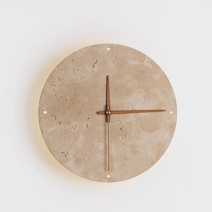 Nordic Modern Round Marble Wall Sconce - Mid Century Natural Stone Hallway Light, Vintage Japanese Wabi Sabi Yellow Travertine Bedside Lamp with Clock for Farmhouse Living Room