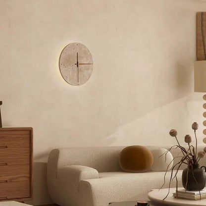 Nordic Modern Round Marble Wall Sconce - Mid Century Natural Stone Hallway Light, Vintage Japanese Wabi Sabi Yellow Travertine Bedside Lamp with Clock for Farmhouse Living Room