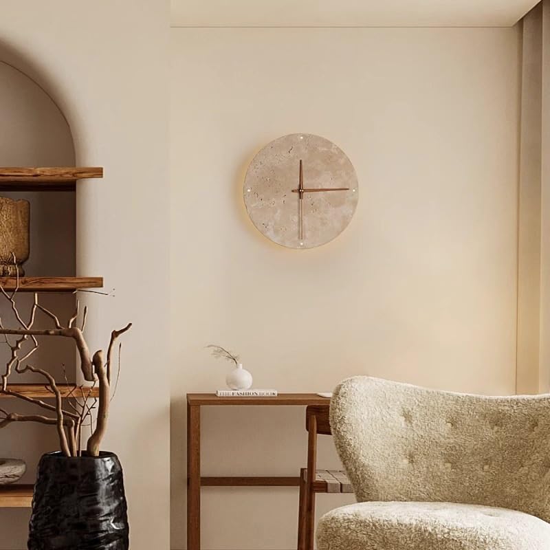 Nordic Modern Round Marble Wall Sconce - Mid Century Natural Stone Hallway Light, Vintage Japanese Wabi Sabi Yellow Travertine Bedside Lamp with Clock for Farmhouse Living Room