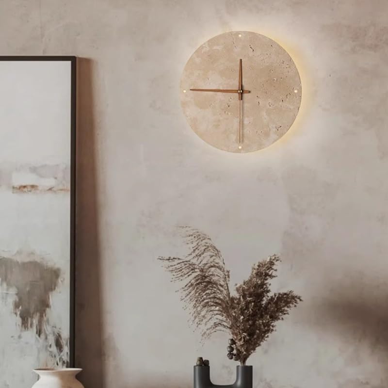 Nordic Modern Round Marble Wall Sconce - Mid Century Natural Stone Hallway Light, Vintage Japanese Wabi Sabi Yellow Travertine Bedside Lamp with Clock for Farmhouse Living Room