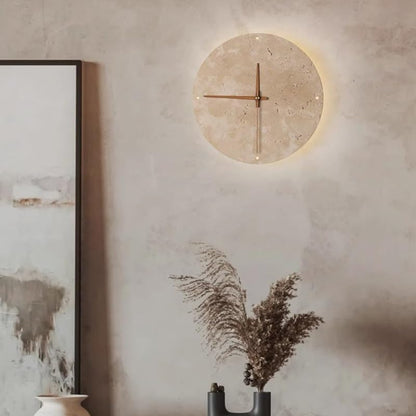 Nordic Modern Round Marble Wall Sconce - Mid Century Natural Stone Hallway Light, Vintage Japanese Wabi Sabi Yellow Travertine Bedside Lamp with Clock for Farmhouse Living Room