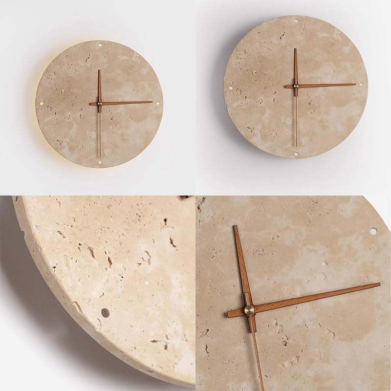 Nordic Modern Round Marble Wall Sconce - Mid Century Natural Stone Hallway Light, Vintage Japanese Wabi Sabi Yellow Travertine Bedside Lamp with Clock for Farmhouse Living Room