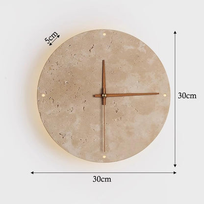 Nordic Modern Round Marble Wall Sconce - Mid Century Natural Stone Hallway Light, Vintage Japanese Wabi Sabi Yellow Travertine Bedside Lamp with Clock for Farmhouse Living Room