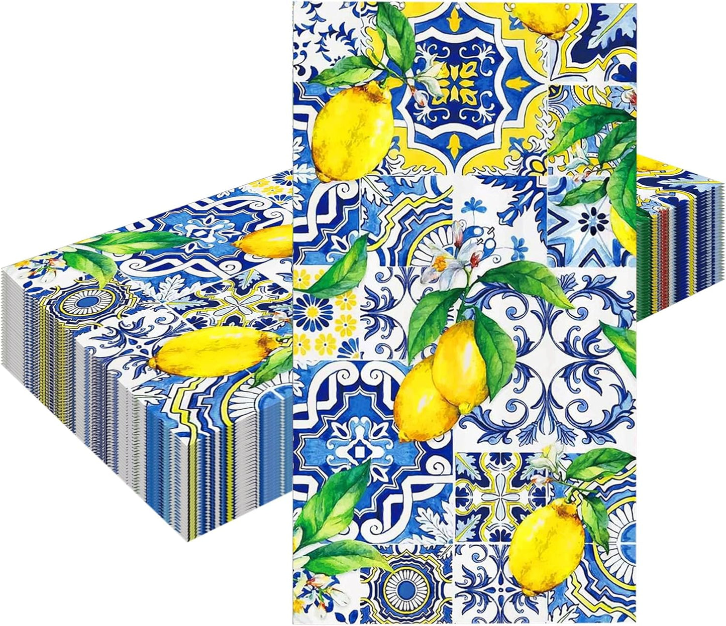 20 Pcs Lemon Napkins, Blue and Yellow Tile Lemon Disposable Guest Towels, Summer Fruit Napkins Decorative Paper Hand Towels for Bathroom Bridal Baby Shower Birthday Wedding Party Decorations