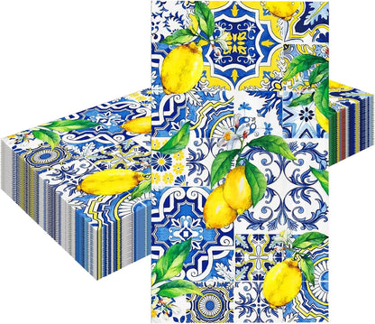 20 Pcs Lemon Napkins, Blue and Yellow Tile Lemon Disposable Guest Towels, Summer Fruit Napkins Decorative Paper Hand Towels for Bathroom Bridal Baby Shower Birthday Wedding Party Decorations