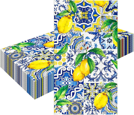 20 Pcs Lemon Napkins, Blue and Yellow Tile Lemon Disposable Guest Towels, Summer Fruit Napkins Decorative Paper Hand Towels for Bathroom Bridal Baby Shower Birthday Wedding Party Decorations
