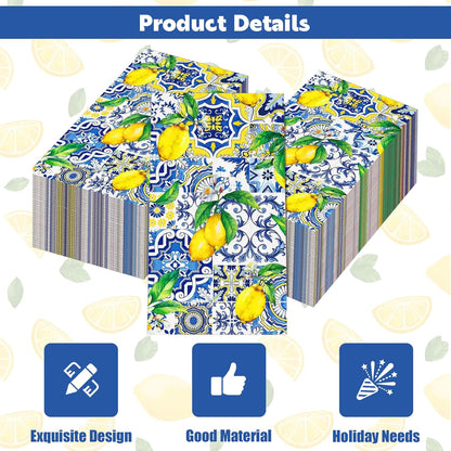20 Pcs Lemon Napkins, Blue and Yellow Tile Lemon Disposable Guest Towels, Summer Fruit Napkins Decorative Paper Hand Towels for Bathroom Bridal Baby Shower Birthday Wedding Party Decorations