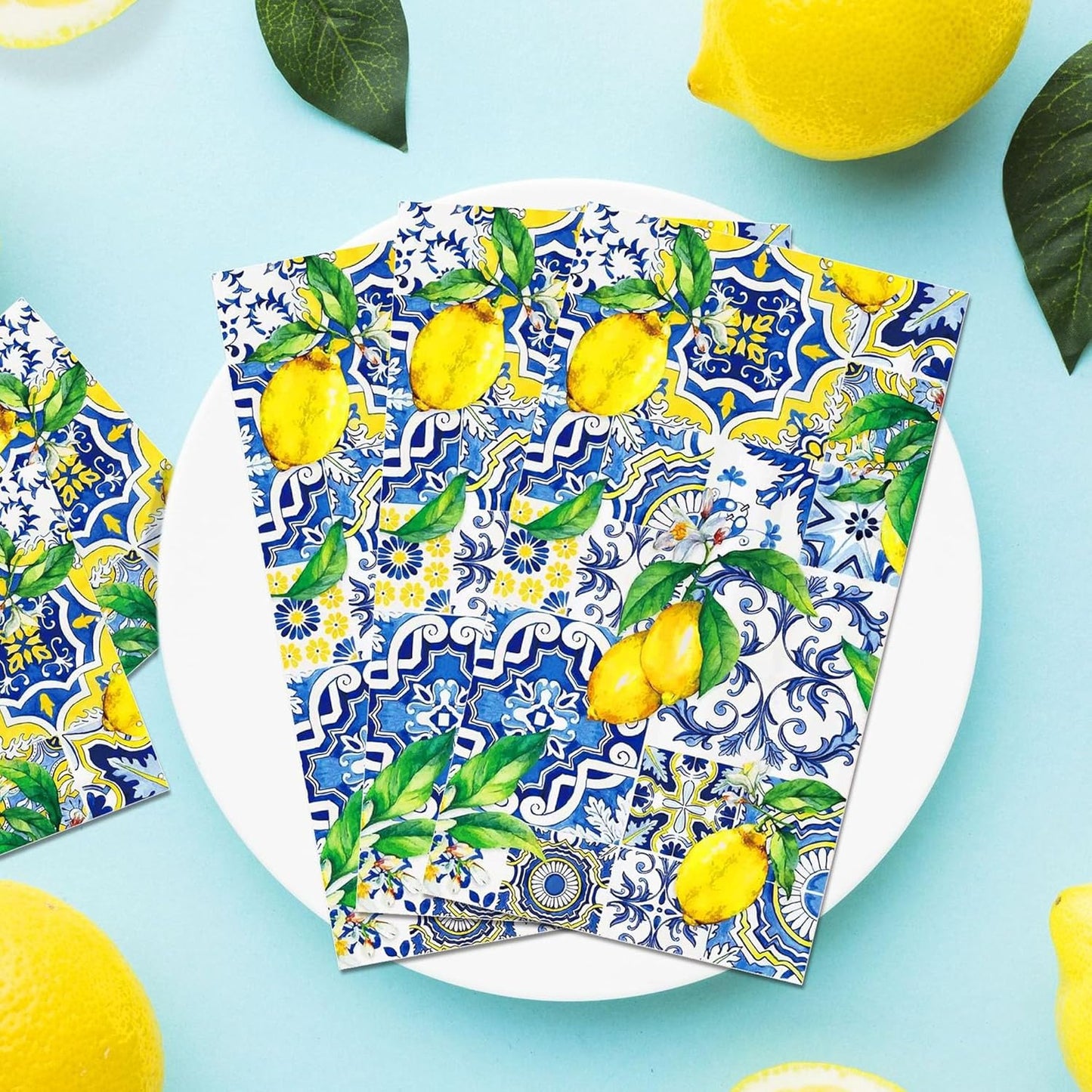 20 Pcs Lemon Napkins, Blue and Yellow Tile Lemon Disposable Guest Towels, Summer Fruit Napkins Decorative Paper Hand Towels for Bathroom Bridal Baby Shower Birthday Wedding Party Decorations