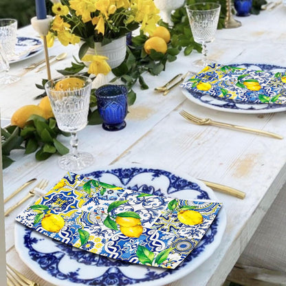 20 Pcs Lemon Napkins, Blue and Yellow Tile Lemon Disposable Guest Towels, Summer Fruit Napkins Decorative Paper Hand Towels for Bathroom Bridal Baby Shower Birthday Wedding Party Decorations