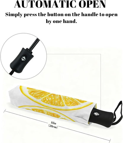 Auto Open Close Umbrella Yellow Lemon Slice Summer Sun UV Protection Umbrella for Rain Windproof 3 Fold Lightweight Compact Umbrellas for Travel Walking Outdoor