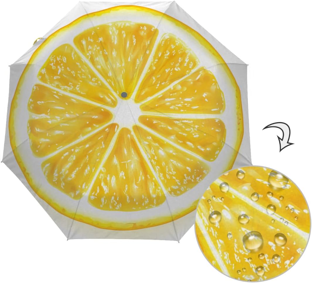 Auto Open Close Umbrella Yellow Lemon Slice Summer Sun UV Protection Umbrella for Rain Windproof 3 Fold Lightweight Compact Umbrellas for Travel Walking Outdoor