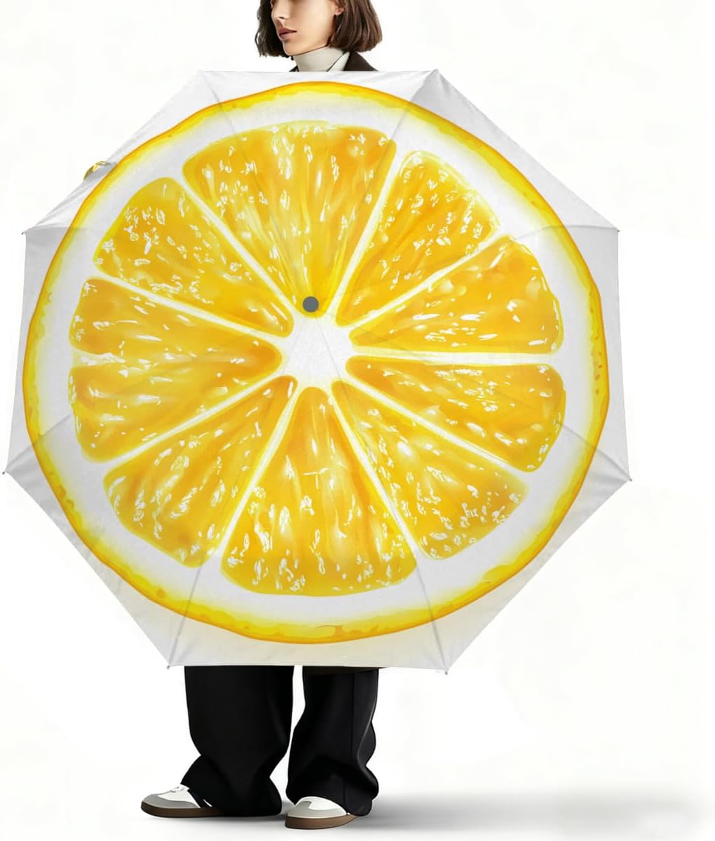 Auto Open Close Umbrella Yellow Lemon Slice Summer Sun UV Protection Umbrella for Rain Windproof 3 Fold Lightweight Compact Umbrellas for Travel Walking Outdoor