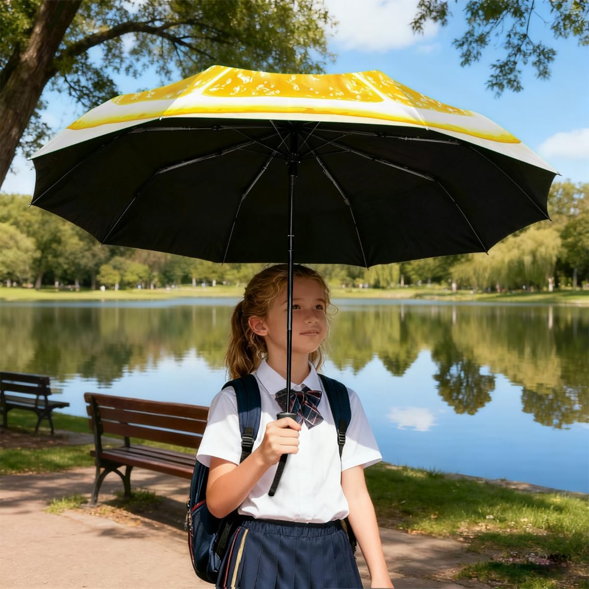 Auto Open Close Umbrella Yellow Lemon Slice Summer Sun UV Protection Umbrella for Rain Windproof 3 Fold Lightweight Compact Umbrellas for Travel Walking Outdoor