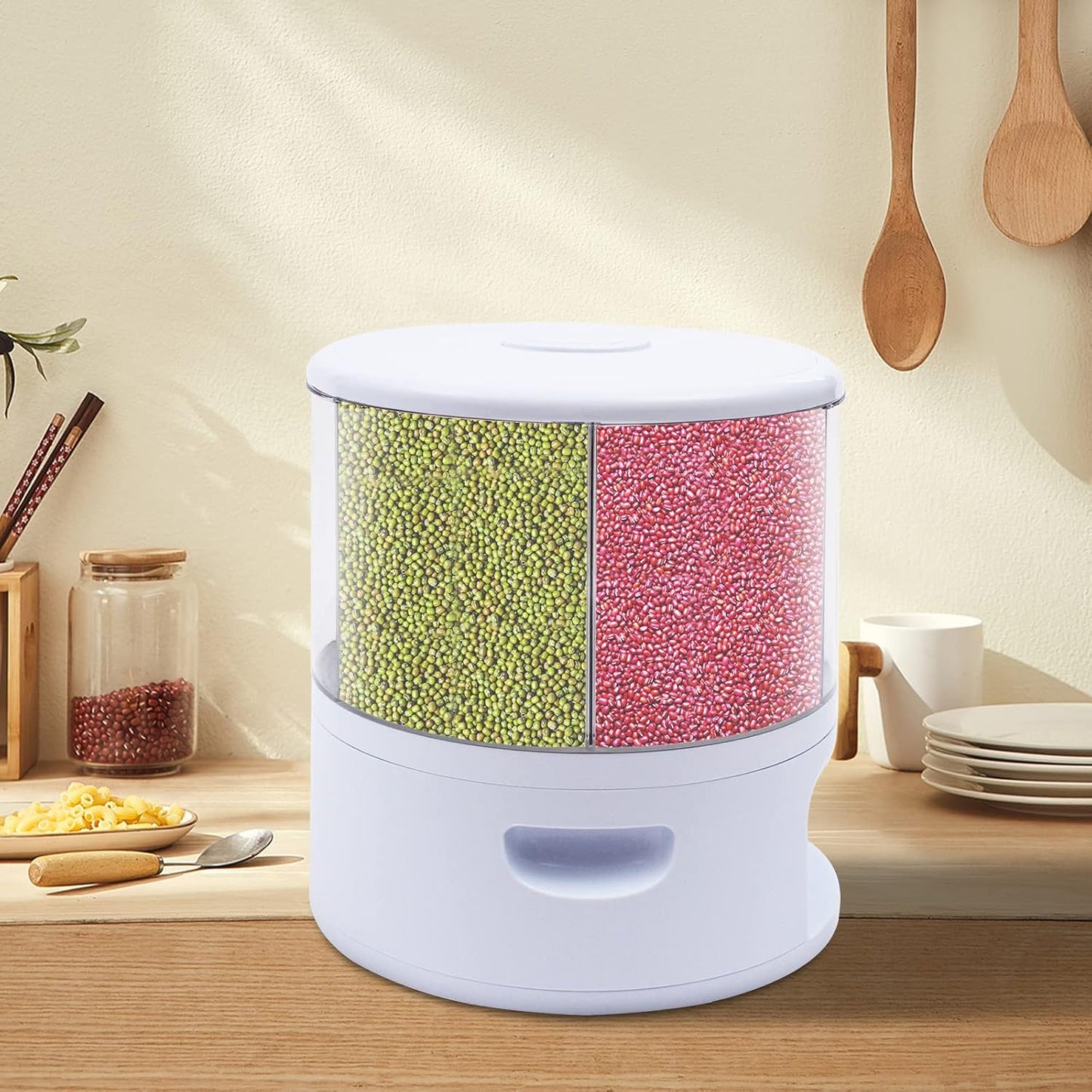 24lbs Rice and Grain Storage Container, 360° Rotating Food Dispenser Measuring Cylinder with Lid Moisture Resistant Household, Airtight Storage of Black Rice, Yellow Rice and Other Small Beans