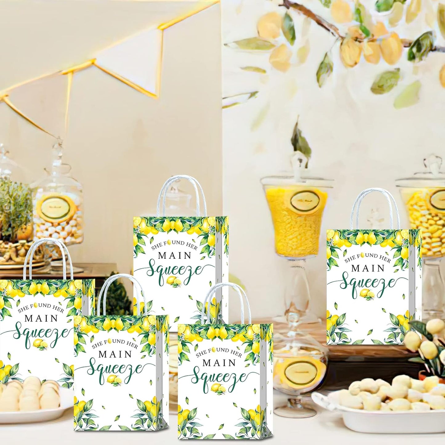 16 Pieces She Found Her Main Squeeze Bridal Shower Party Favors Bags,Lemon Citrus Goody Gift Snacks Treat Candy Party Favors Bags with Handles for Lemon Theme Bridal Shower Party Decorations