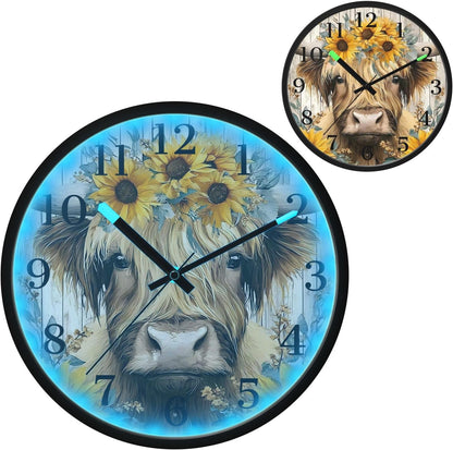 Lemon Yellow Night Light Wall Clock Light Up Luminous Non-Ticking Silent Battery Operated Clocks 12 Inch for Kitchen Home