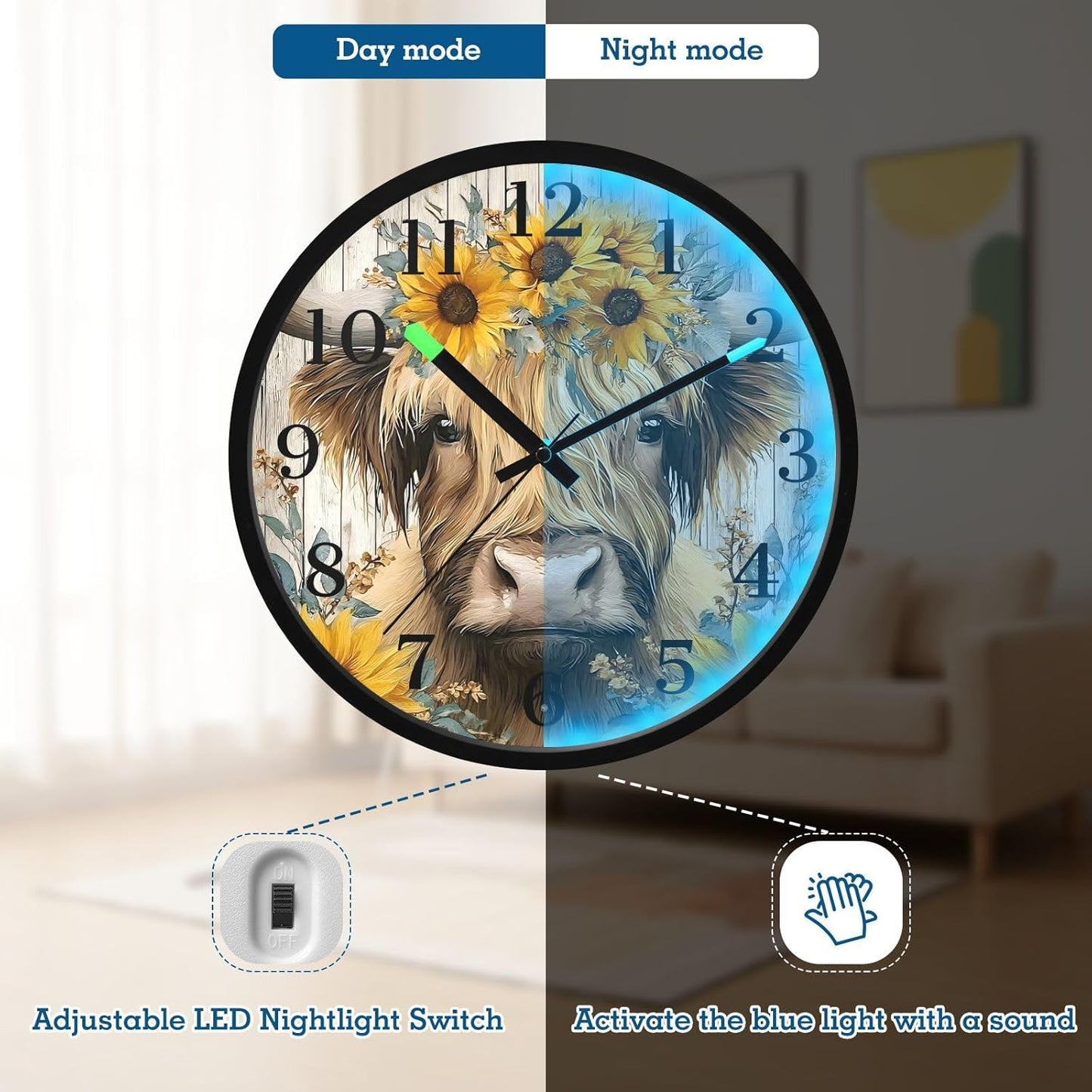 Lemon Yellow Night Light Wall Clock Light Up Luminous Non-Ticking Silent Battery Operated Clocks 12 Inch for Kitchen Home
