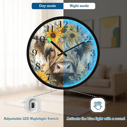 Lemon Yellow Night Light Wall Clock Light Up Luminous Non-Ticking Silent Battery Operated Clocks 12 Inch for Kitchen Home