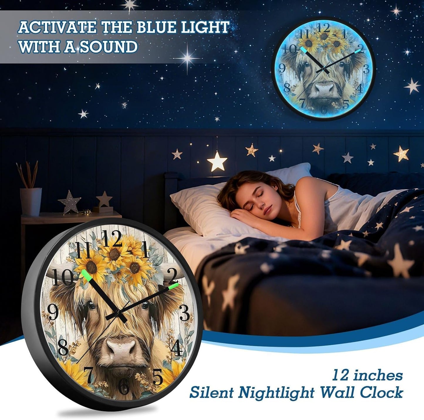 Lemon Yellow Night Light Wall Clock Light Up Luminous Non-Ticking Silent Battery Operated Clocks 12 Inch for Kitchen Home