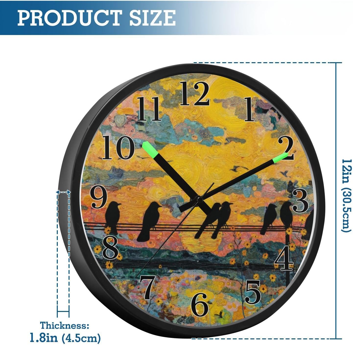 Lemon Yellow Night Light Wall Clock Light Up Luminous Non-Ticking Silent Battery Operated Clocks 12 Inch for Kitchen Home