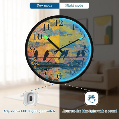 Lemon Yellow Night Light Wall Clock Light Up Luminous Non-Ticking Silent Battery Operated Clocks 12 Inch for Kitchen Home