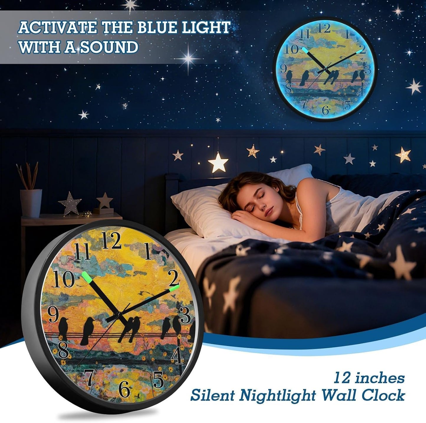 Lemon Yellow Night Light Wall Clock Light Up Luminous Non-Ticking Silent Battery Operated Clocks 12 Inch for Kitchen Home