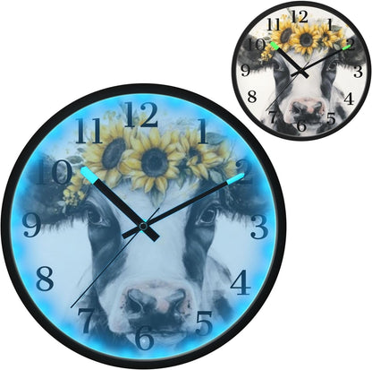 Lemon Yellow Night Light Wall Clock Light Up Luminous Non-Ticking Silent Battery Operated Clocks 12 Inch for Kitchen Home