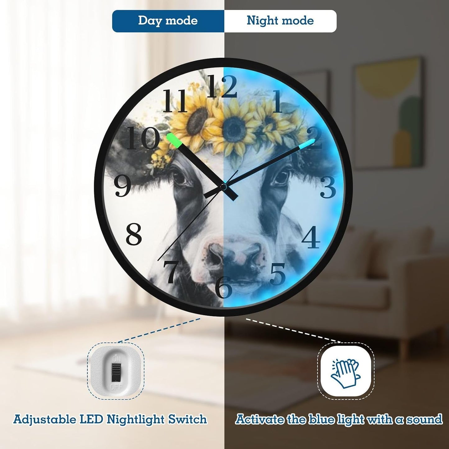 Lemon Yellow Night Light Wall Clock Light Up Luminous Non-Ticking Silent Battery Operated Clocks 12 Inch for Kitchen Home