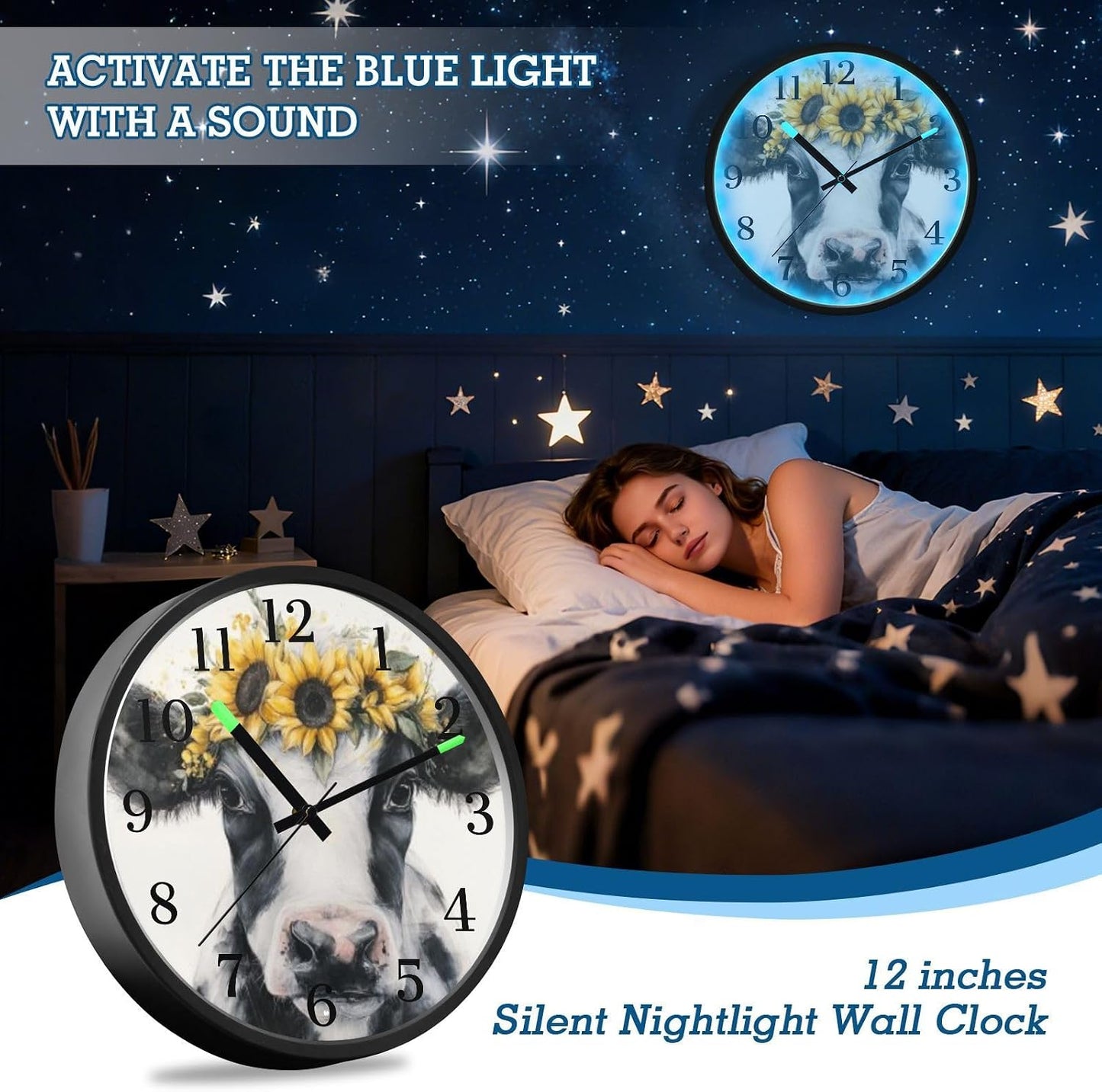 Lemon Yellow Night Light Wall Clock Light Up Luminous Non-Ticking Silent Battery Operated Clocks 12 Inch for Kitchen Home