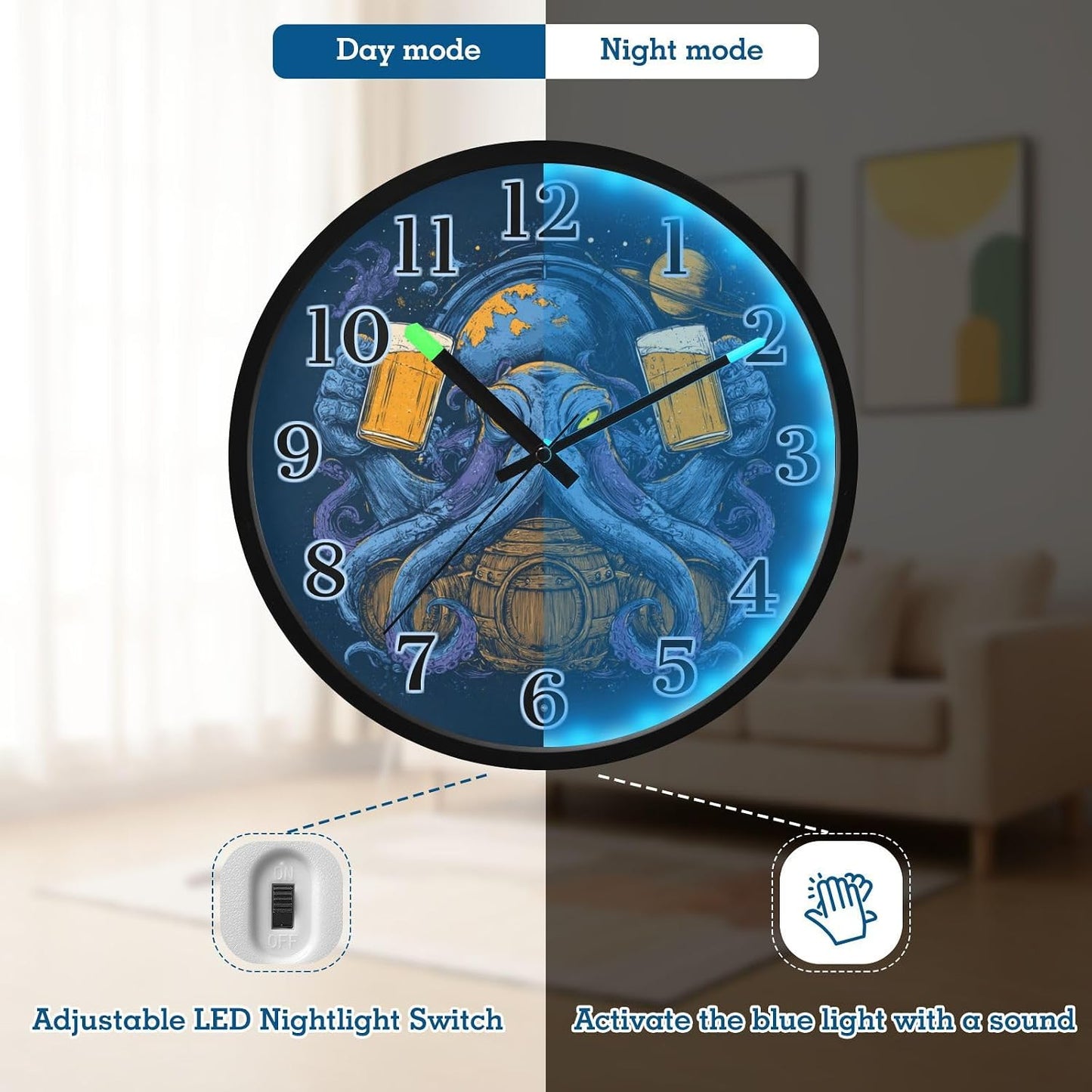 Lemon Yellow Night Light Wall Clock Light Up Luminous Non-Ticking Silent Battery Operated Clocks 12 Inch for Kitchen Home