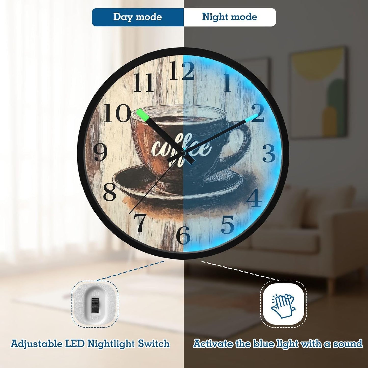 Lemon Yellow Night Light Wall Clock Light Up Luminous Non-Ticking Silent Battery Operated Clocks 12 Inch for Kitchen Home