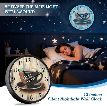 Lemon Yellow Night Light Wall Clock Light Up Luminous Non-Ticking Silent Battery Operated Clocks 12 Inch for Kitchen Home