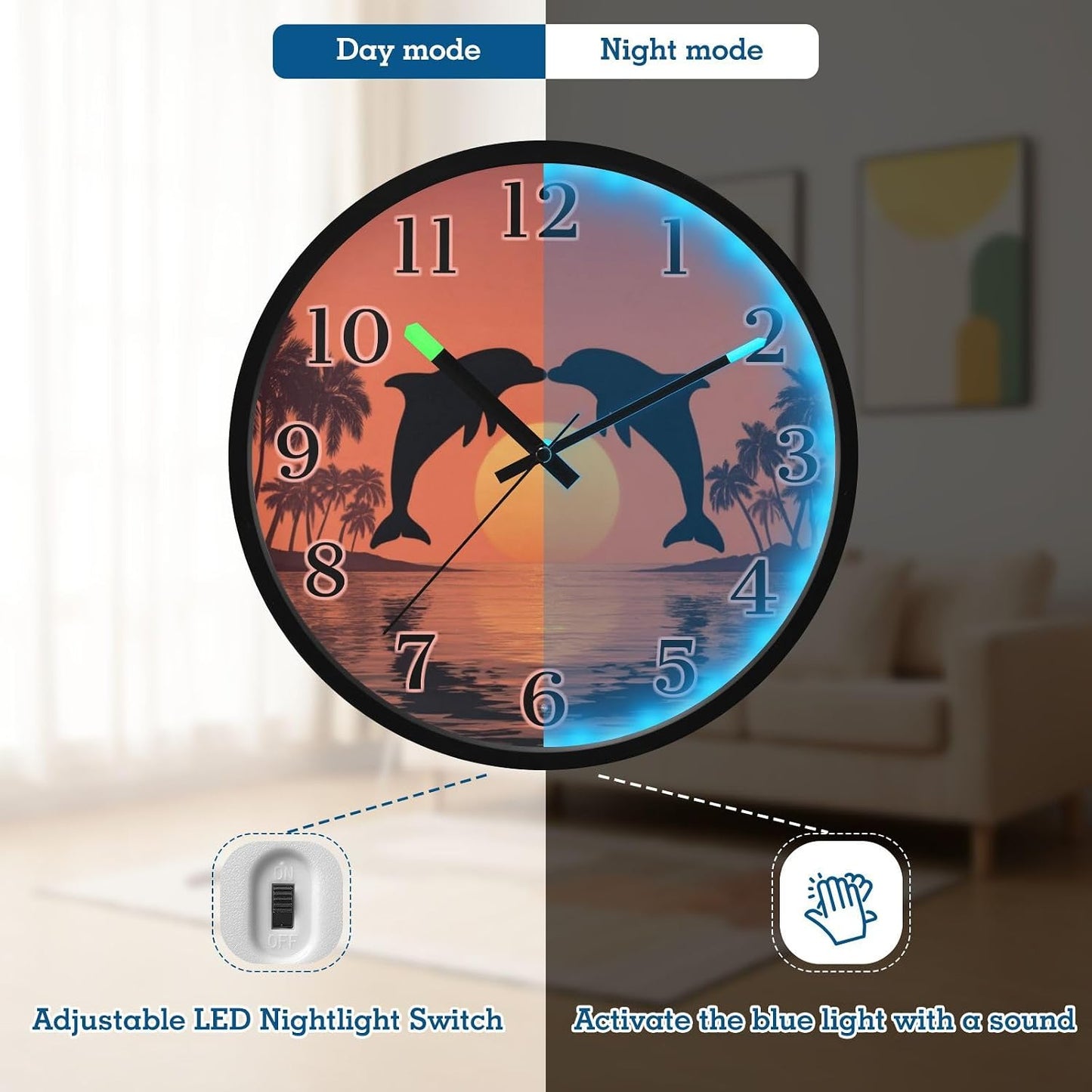 Lemon Yellow Night Light Wall Clock Light Up Luminous Non-Ticking Silent Battery Operated Clocks 12 Inch for Kitchen Home