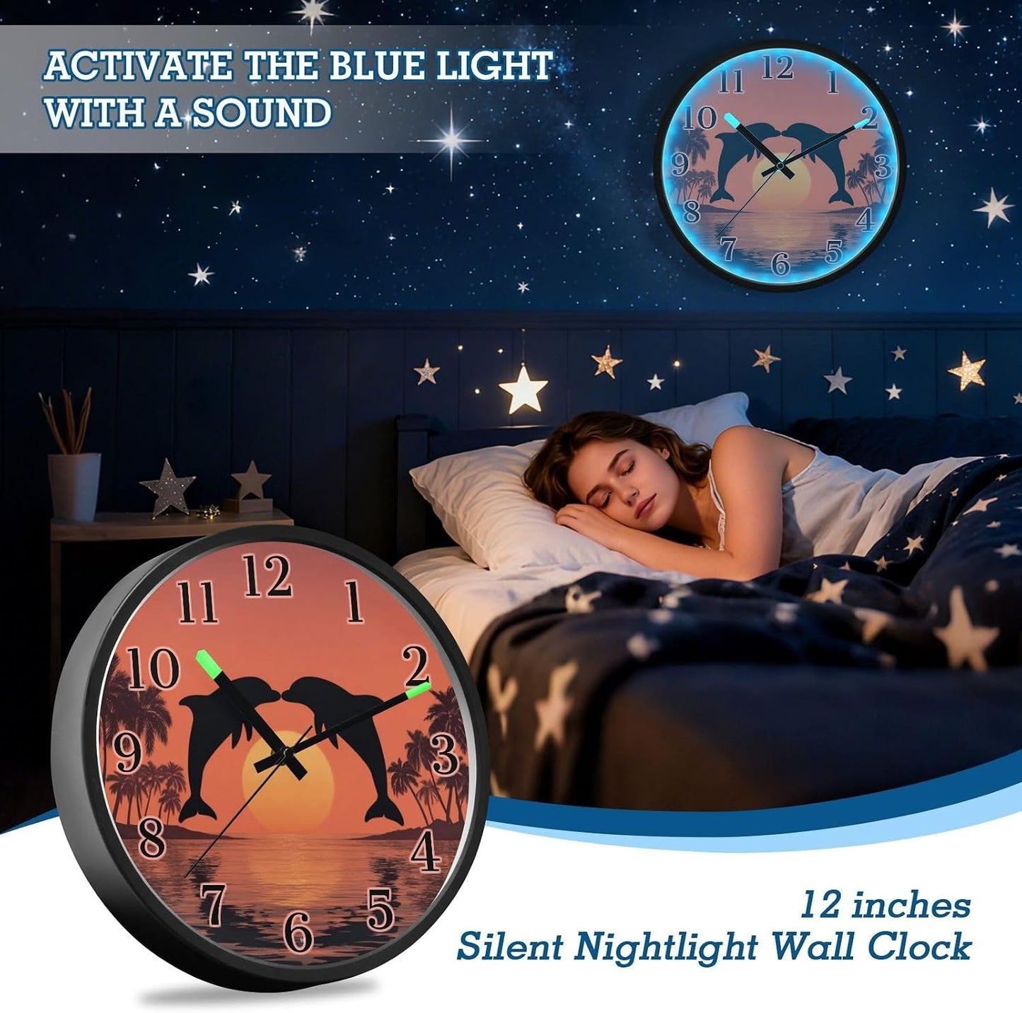 Lemon Yellow Night Light Wall Clock Light Up Luminous Non-Ticking Silent Battery Operated Clocks 12 Inch for Kitchen Home
