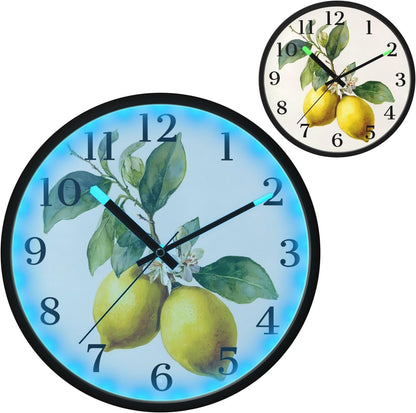 Lemon Yellow Night Light Wall Clock Light Up Luminous Non-Ticking Silent Battery Operated Clocks 12 Inch for Kitchen Home