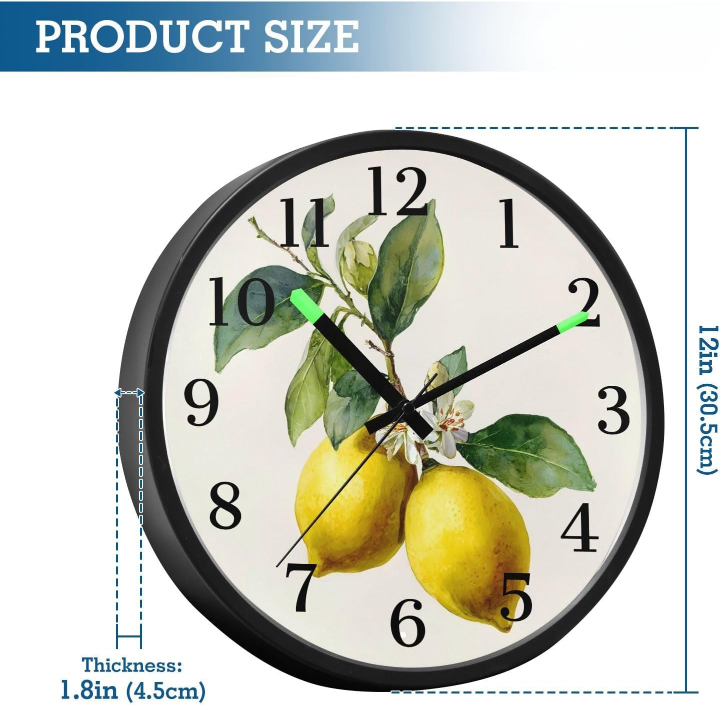 Lemon Yellow Night Light Wall Clock Light Up Luminous Non-Ticking Silent Battery Operated Clocks 12 Inch for Kitchen Home