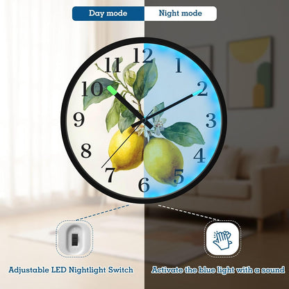 Lemon Yellow Night Light Wall Clock Light Up Luminous Non-Ticking Silent Battery Operated Clocks 12 Inch for Kitchen Home