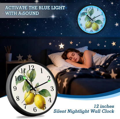 Lemon Yellow Night Light Wall Clock Light Up Luminous Non-Ticking Silent Battery Operated Clocks 12 Inch for Kitchen Home