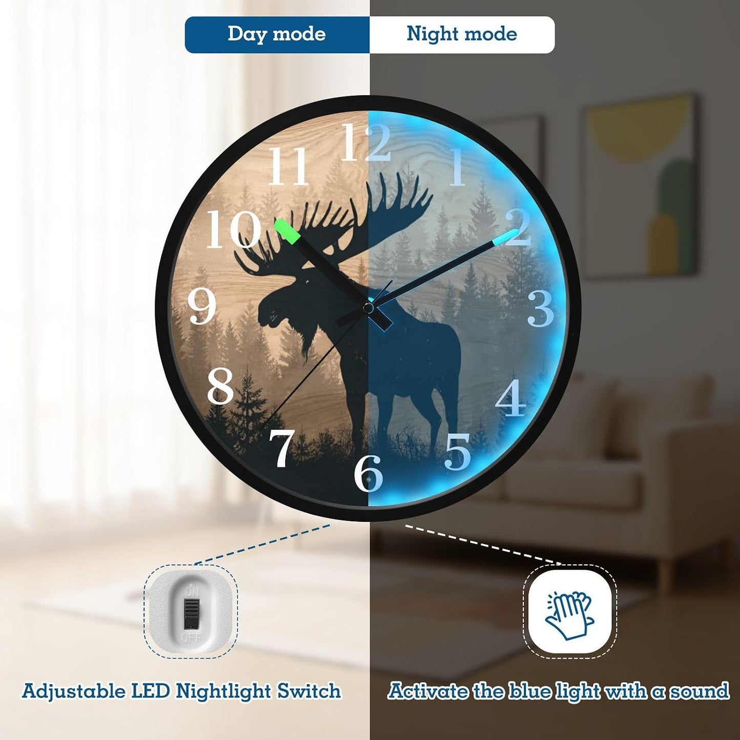 Lemon Yellow Night Light Wall Clock Light Up Luminous Non-Ticking Silent Battery Operated Clocks 12 Inch for Kitchen Home
