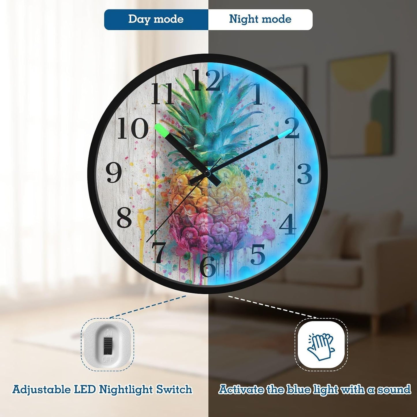 Lemon Yellow Night Light Wall Clock Light Up Luminous Non-Ticking Silent Battery Operated Clocks 12 Inch for Kitchen Home