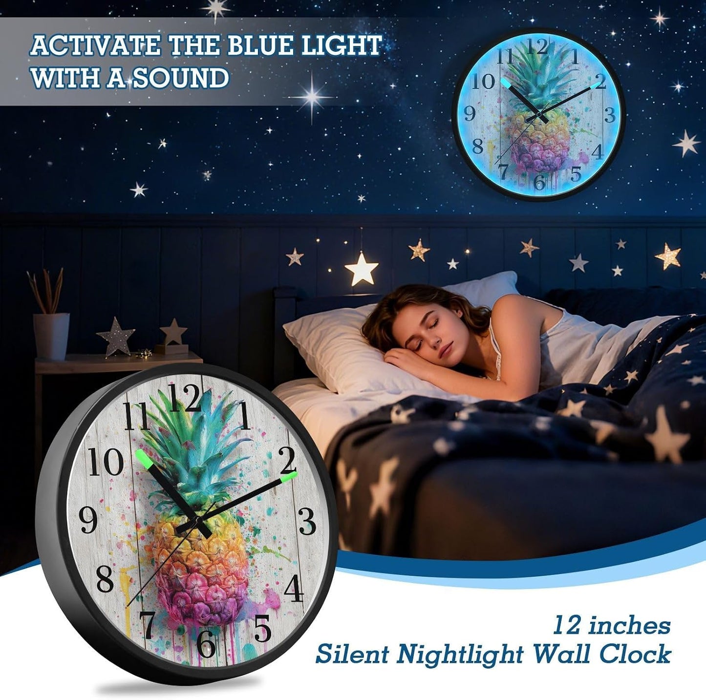Lemon Yellow Night Light Wall Clock Light Up Luminous Non-Ticking Silent Battery Operated Clocks 12 Inch for Kitchen Home