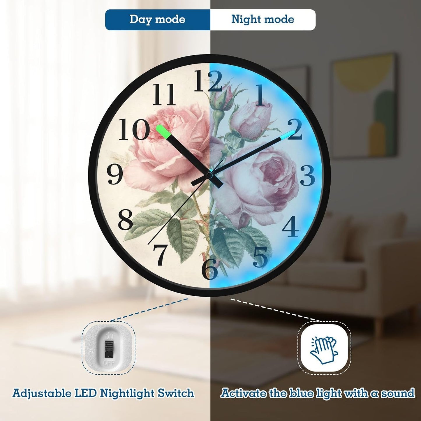 Lemon Yellow Night Light Wall Clock Light Up Luminous Non-Ticking Silent Battery Operated Clocks 12 Inch for Kitchen Home