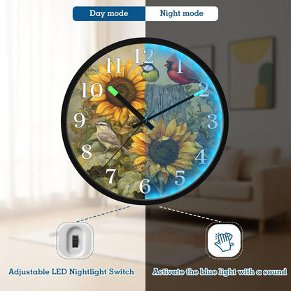 Lemon Yellow Night Light Wall Clock Light Up Luminous Non-Ticking Silent Battery Operated Clocks 12 Inch for Kitchen Home